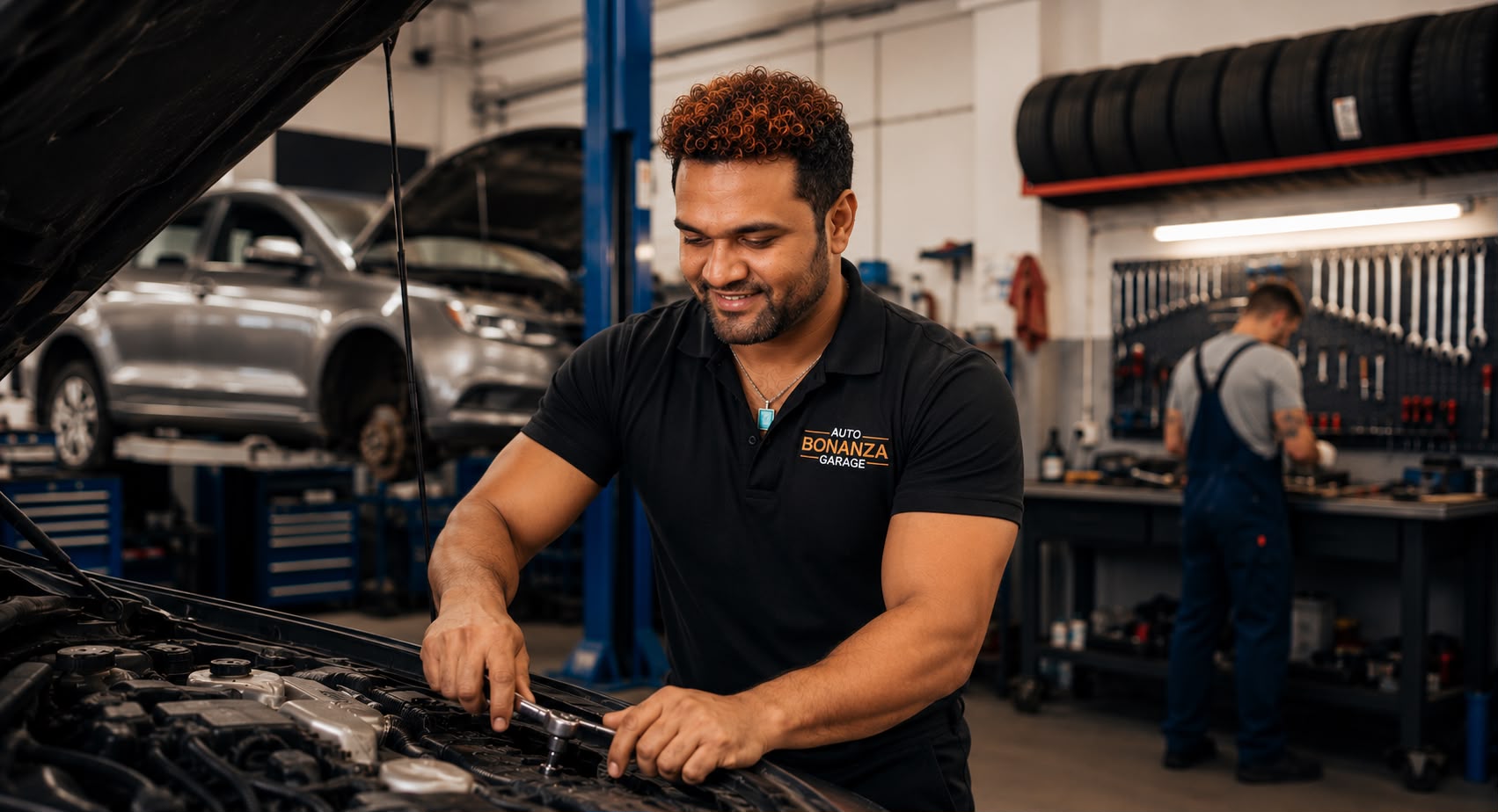 A smiling Auto Bonanza mechanic in the Southall workshop
